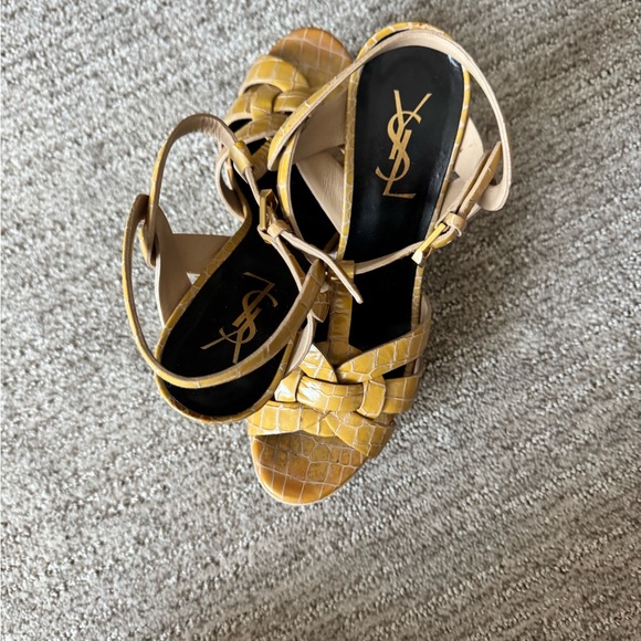 Yves Saint Laurent Mustard Croc-Embossed Platform Heels - Picture 2 of 6